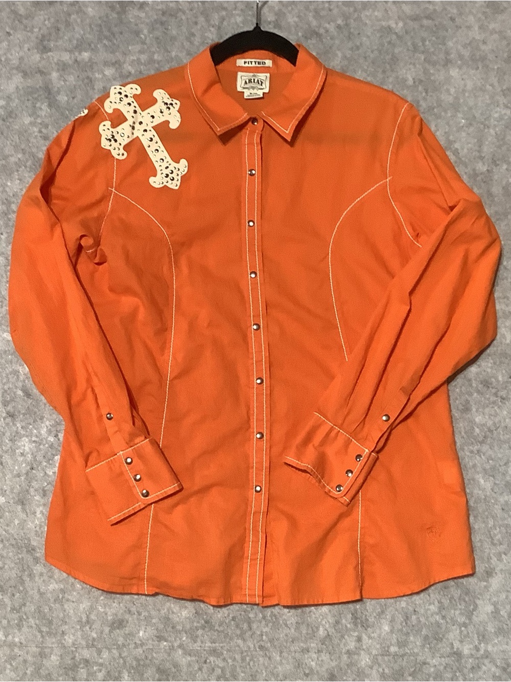Ariat Orange Cross Rhinestones Fitted Riding Shirt size XL